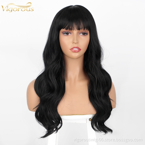 Vigorous wholesale price high quality 22 inch body wave synthetic long body wave hair wigs with bangs for black women